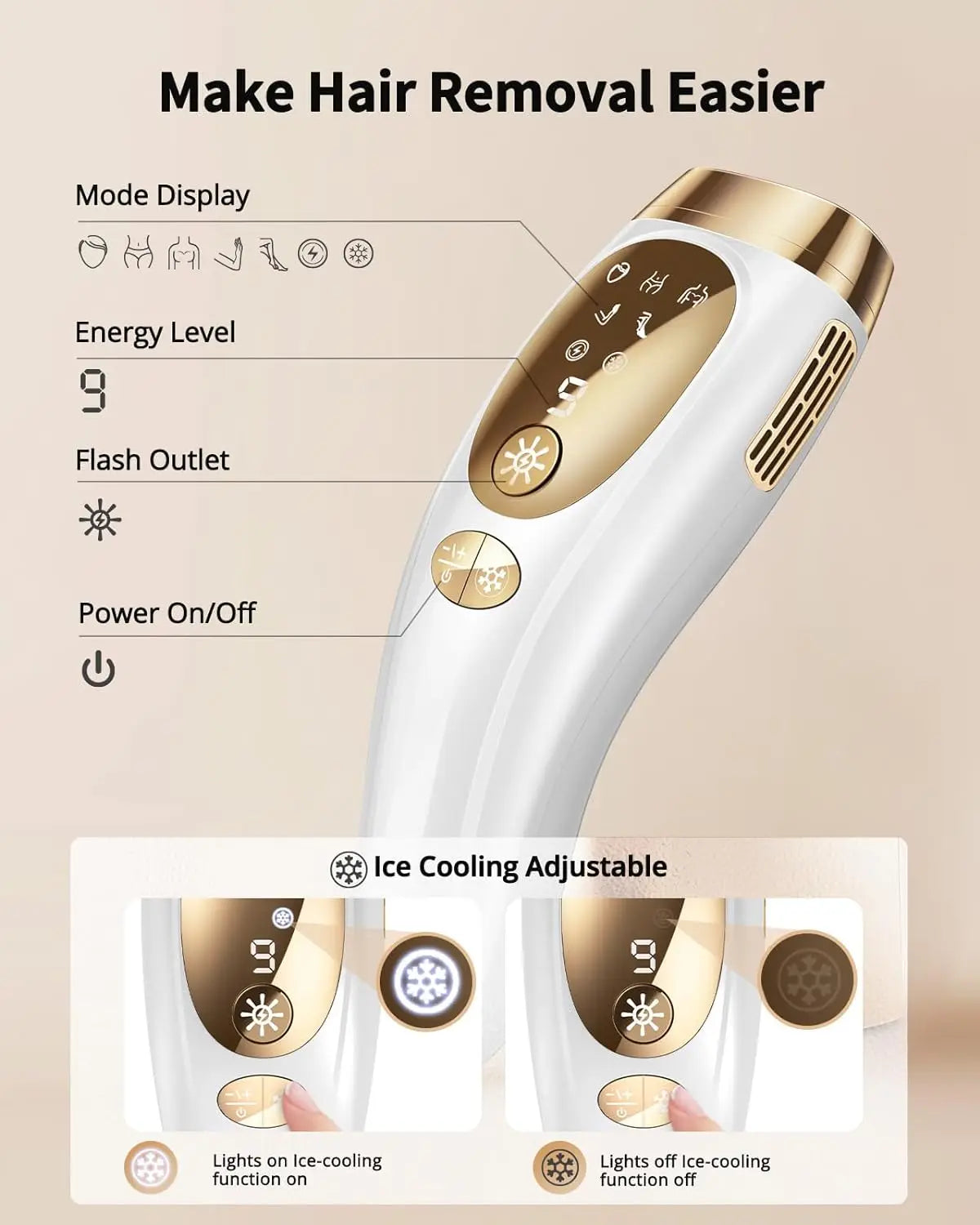 Laser Hair Removal 9 Levevls Unlimited Flash IPL Hair Remover Ice Cooling Painless & Long-Lasting Results Full Body Treament